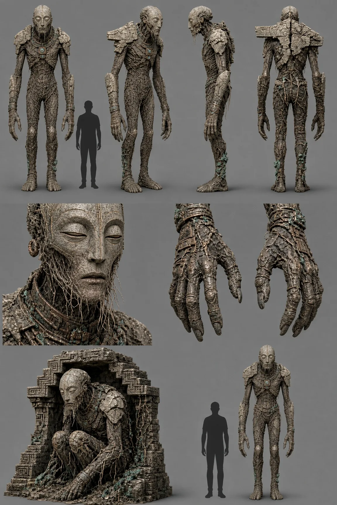 Buried Warden creature concept sheet of stone and roots