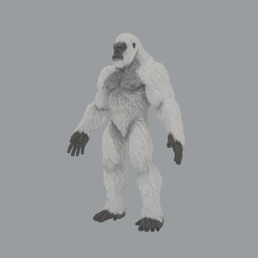 Yeti creature development render with white fur and dark hands