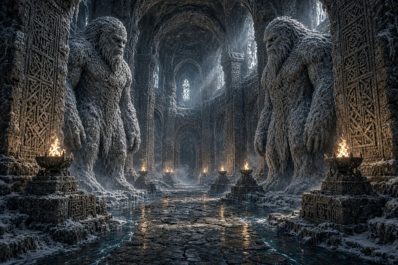 Snow Temple concept of a vaulted ice sanctuary with guardian sculptures