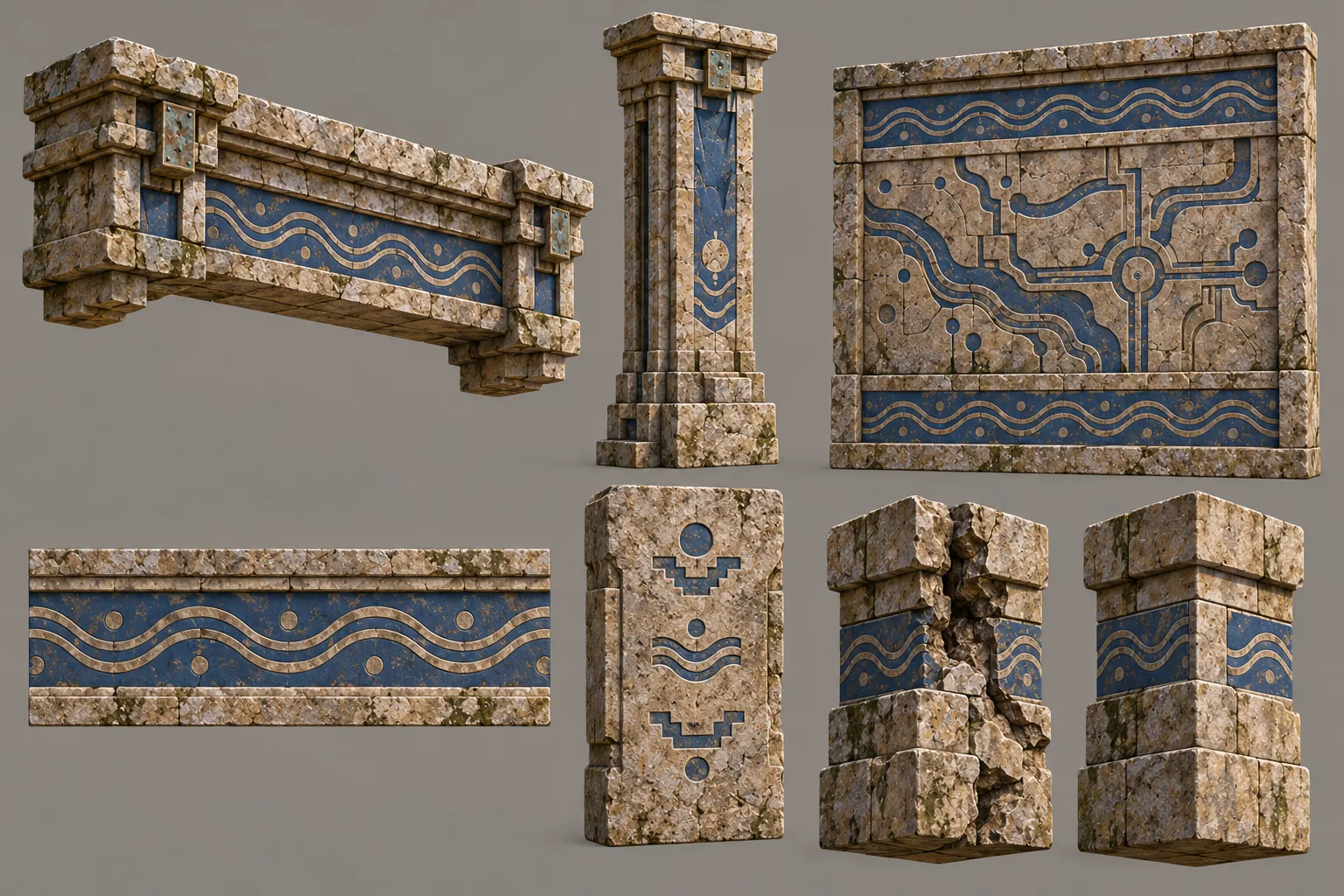 Concept sheet of temple architecture, carved stone and channels