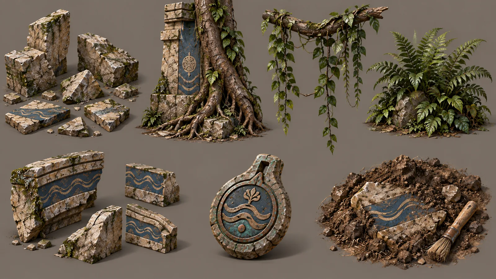 Concept sheet of roots, stone fragments and environmental details