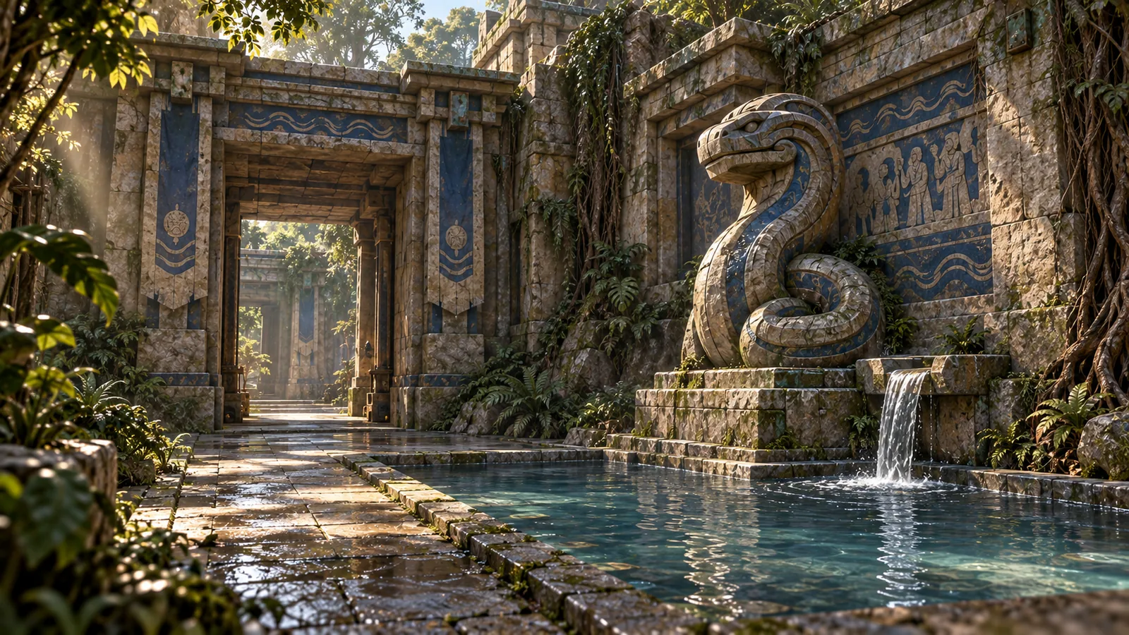 Concept art of a river court with stepped stonework and water channels