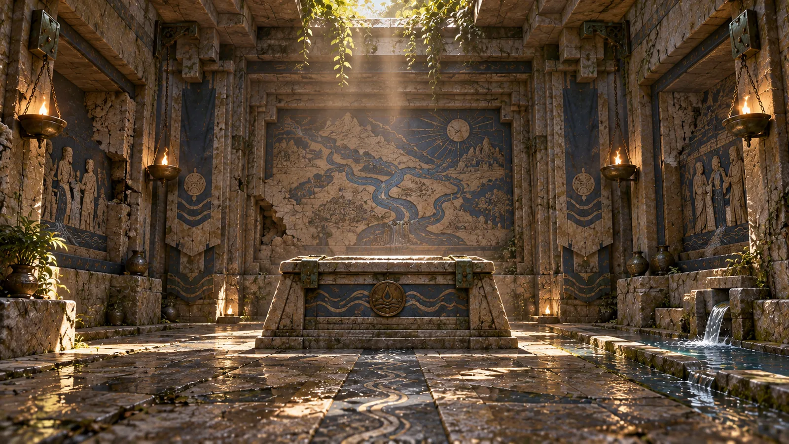 Concept art of a sanctuary interior beyond the temple court