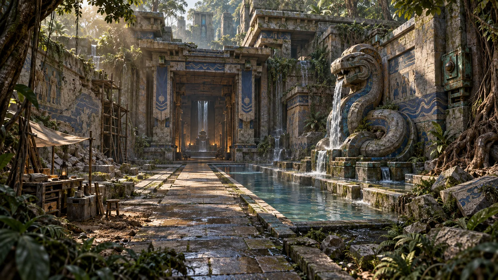 A jungle temple built around carved stone channels, river guardians and restored water